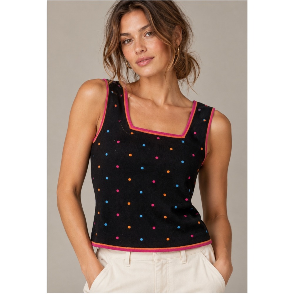 Vintage Etoile Polka Dot Knit Tank Top Large Black Pink Y2K Retro Whimsygoth